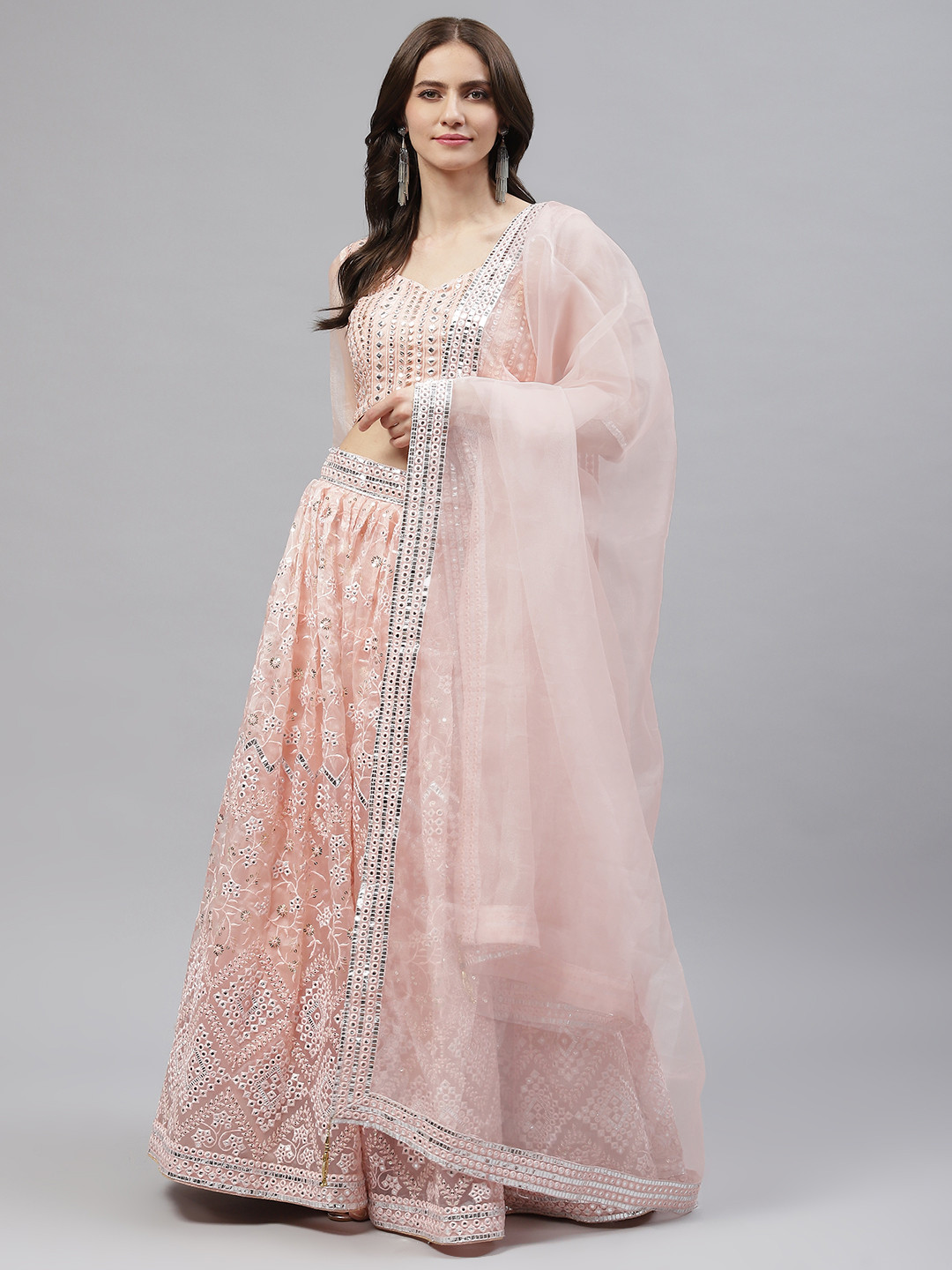 

Readiprint Fashions Peach-Coloured Embroidered Mirror Work Unstitched Lehenga & Blouse With Dupatta