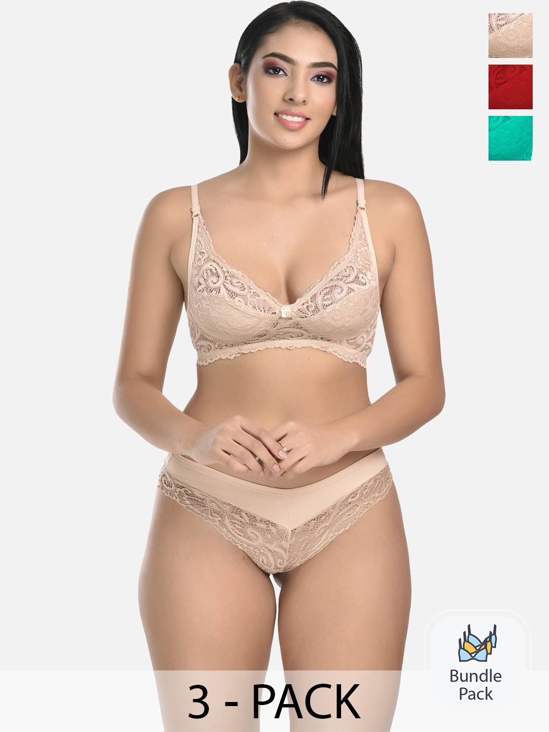 

StyFun Women Pack Of 3 Lace Lingerie Set, Beige