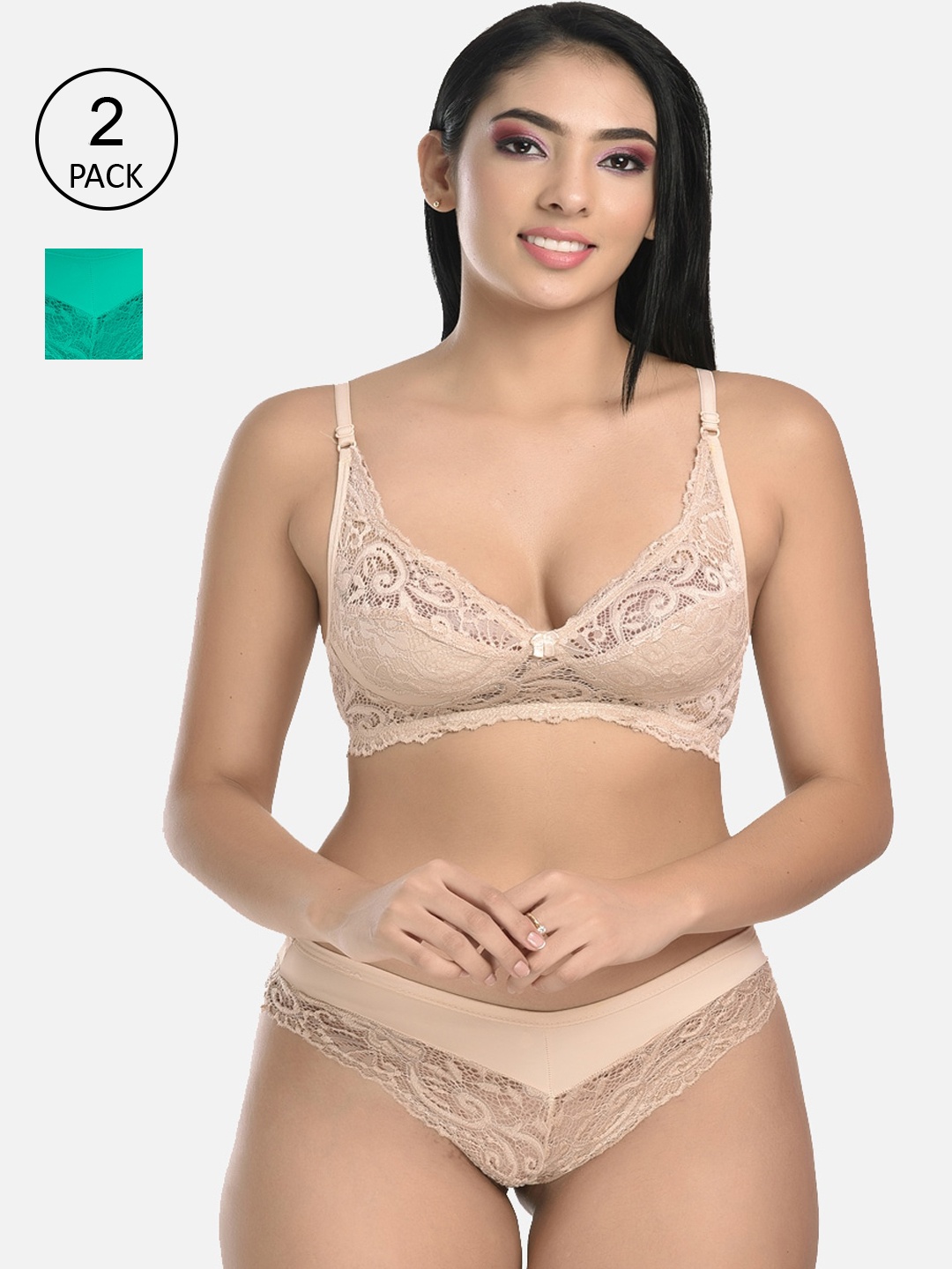 

StyFun Women Pack Of 2 Beige & Green Self-Design Lingerie Set