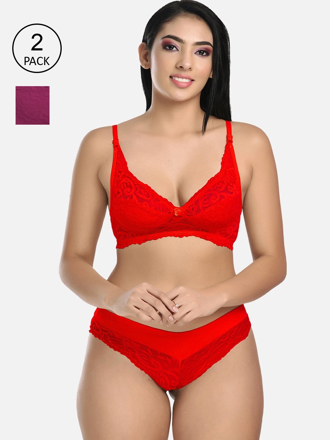 

StyFun Women Pack Of 2 Floral Lace Lingerie Set, Red