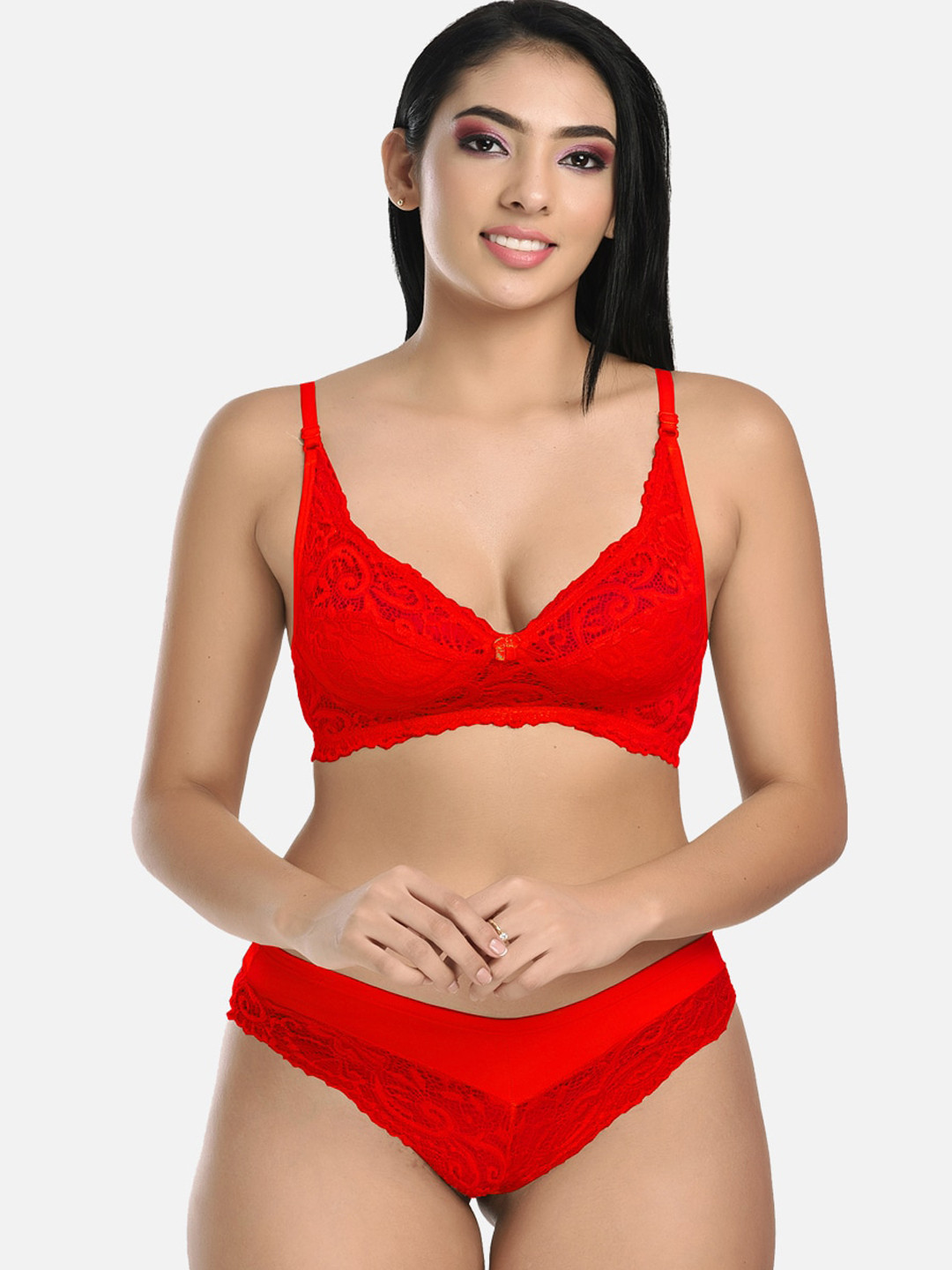 

StyFun Women Red Self Design Lace Lingerie Set