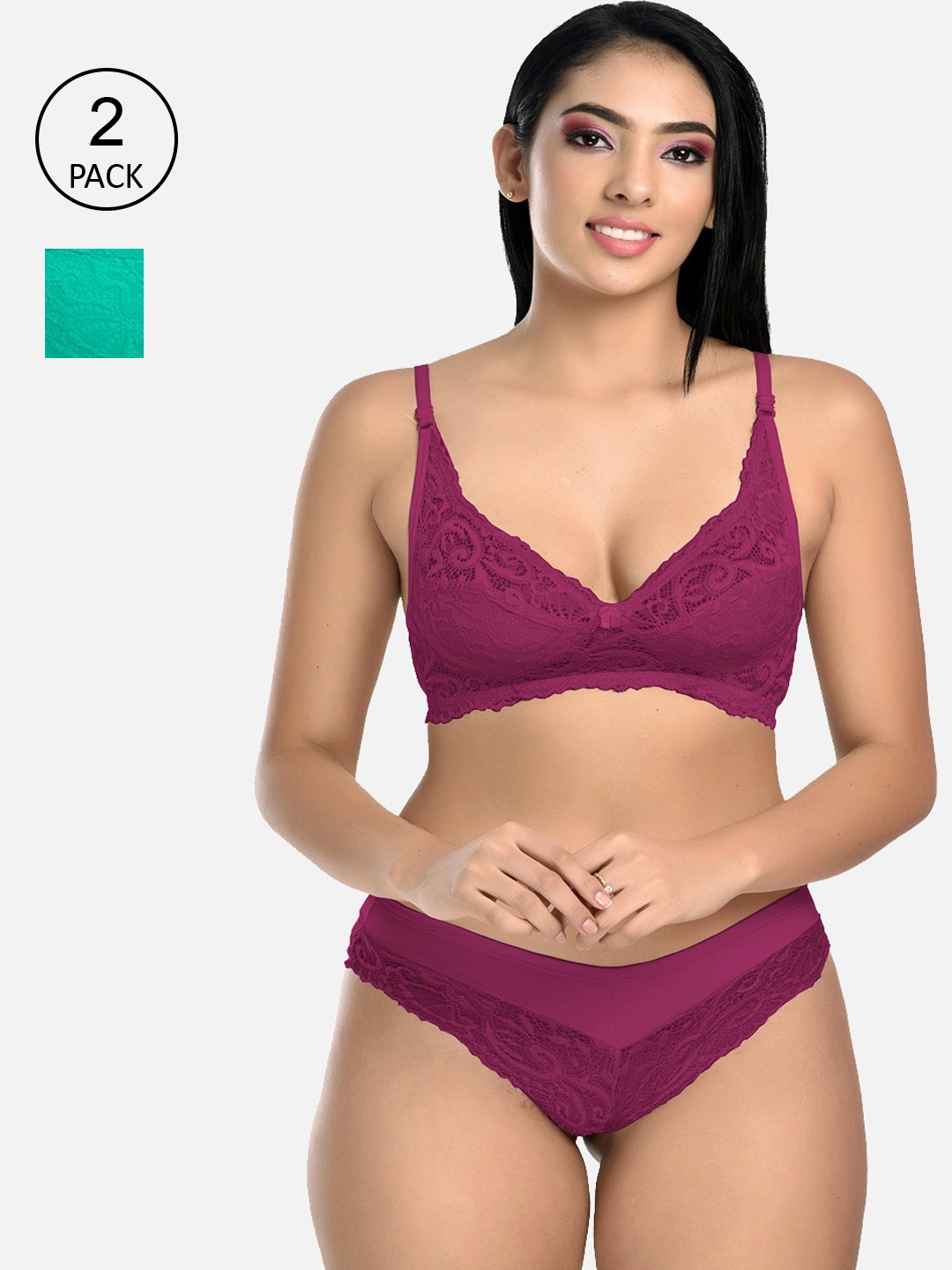 

StyFun Women Pack Of 2 Self Design Lace Lingerie Set, Purple