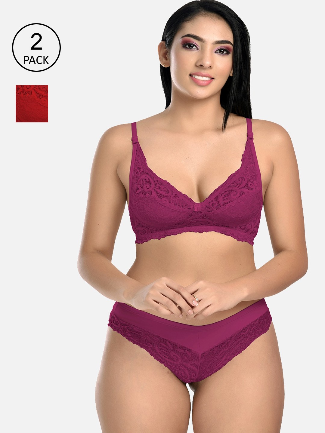 

StyFun Women Pack Of 2 Floral Solid Lace Lingerie Set, Purple