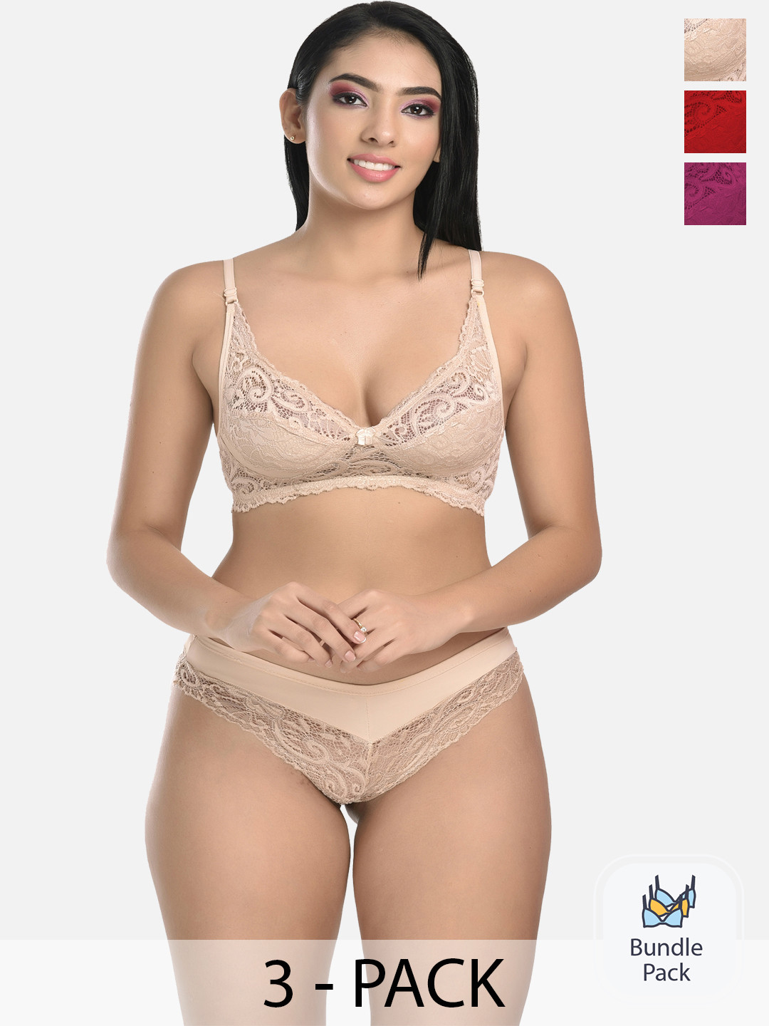 

StyFun Women Pack Of 3 Self Design Lace Lingerie Set, Beige