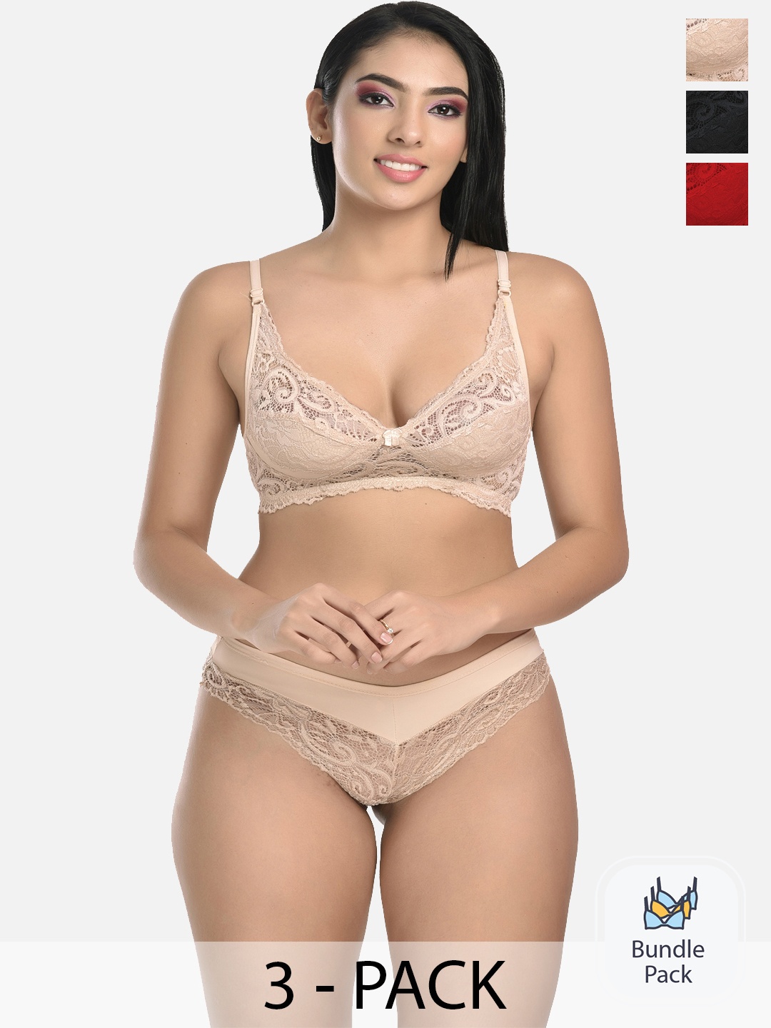 

StyFun Women Set Of 3 Self-Design Lace Lingerie Set, Black