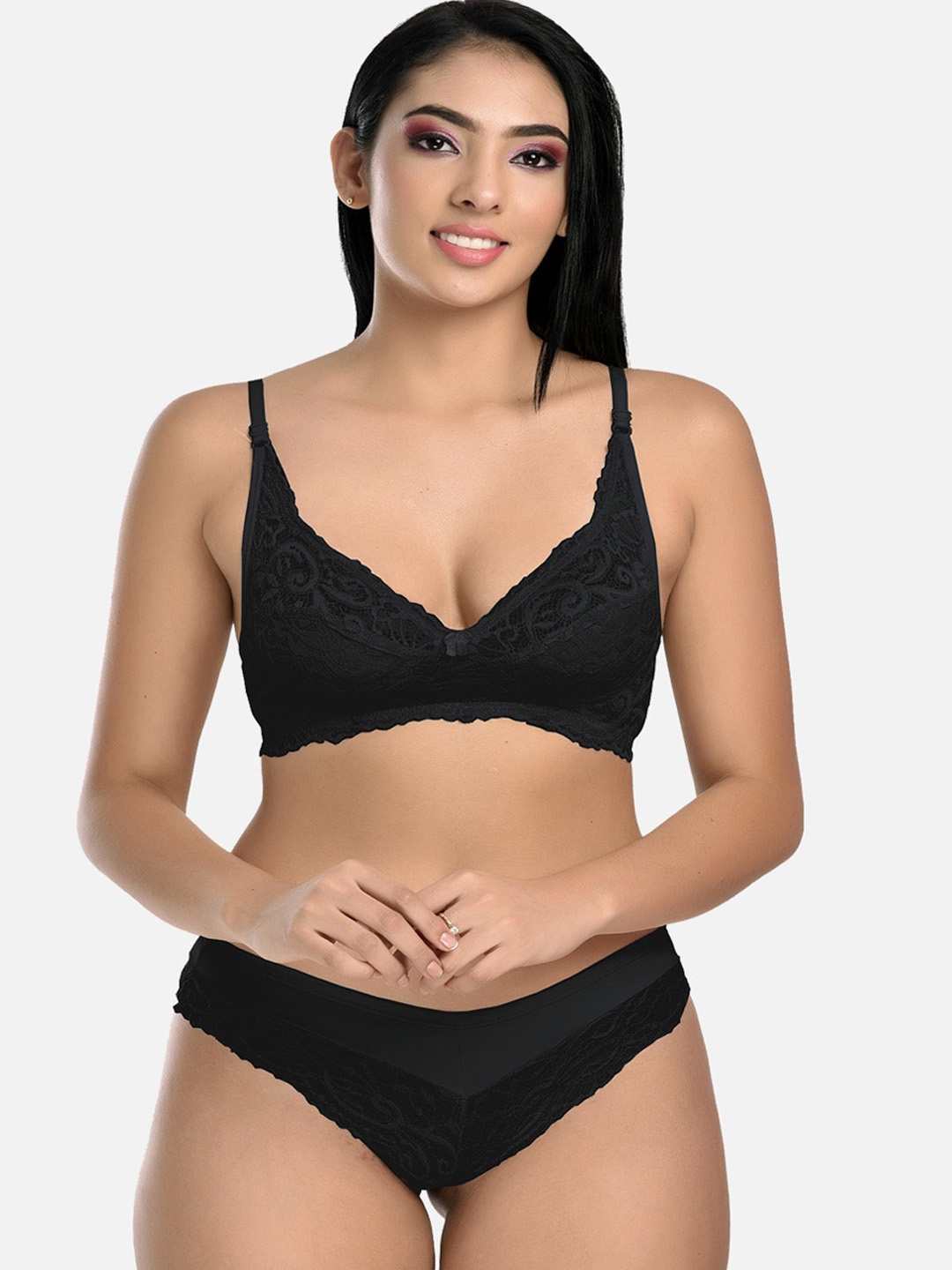 

StyFun Women Black Self-Design Lace Lingerie Set