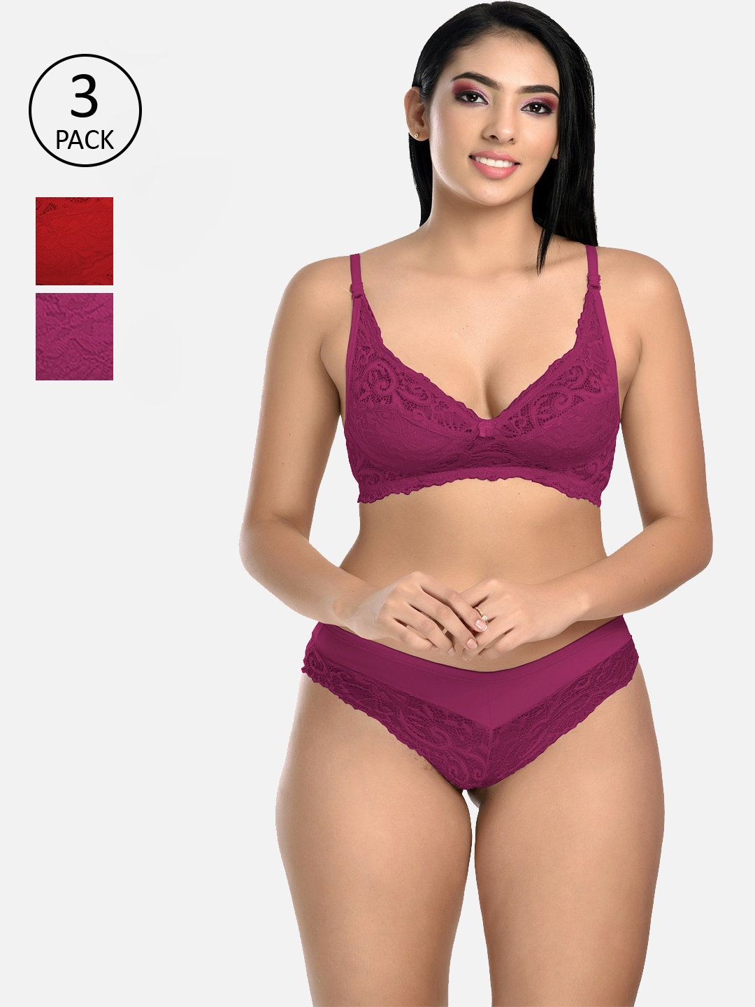

StyFun Women Pack Of 3 Self-Design Lace Lingerie Set, Red