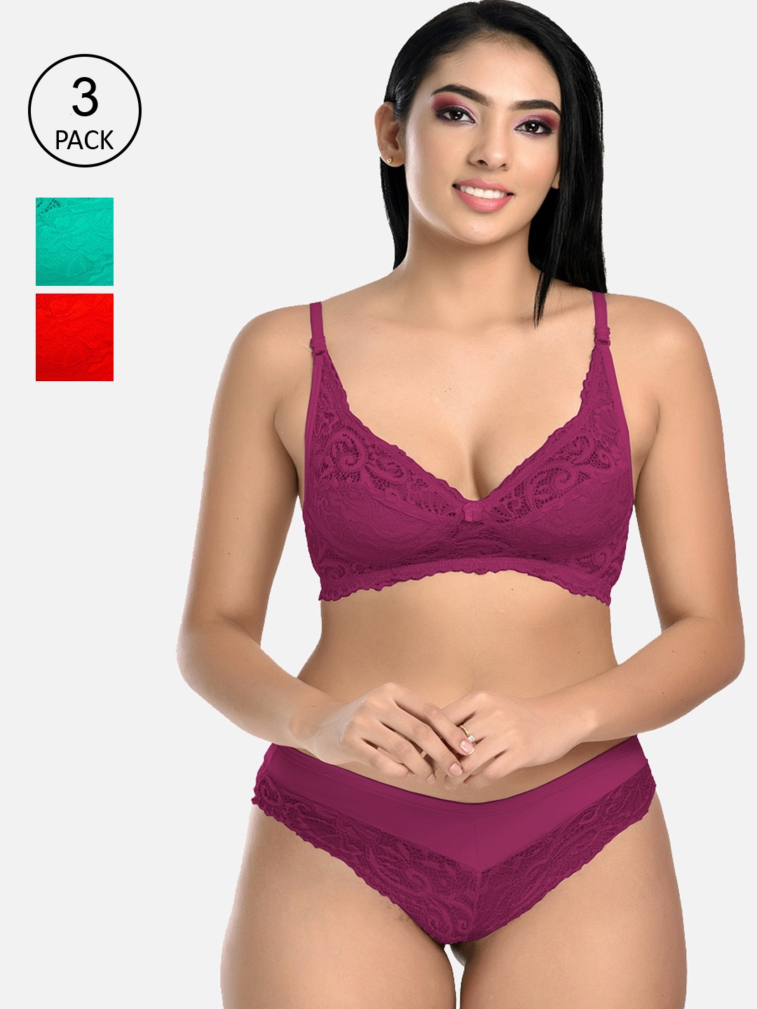 

StyFun Women Pack of 3 Floral Lace Self Design Lingerie Set, Red
