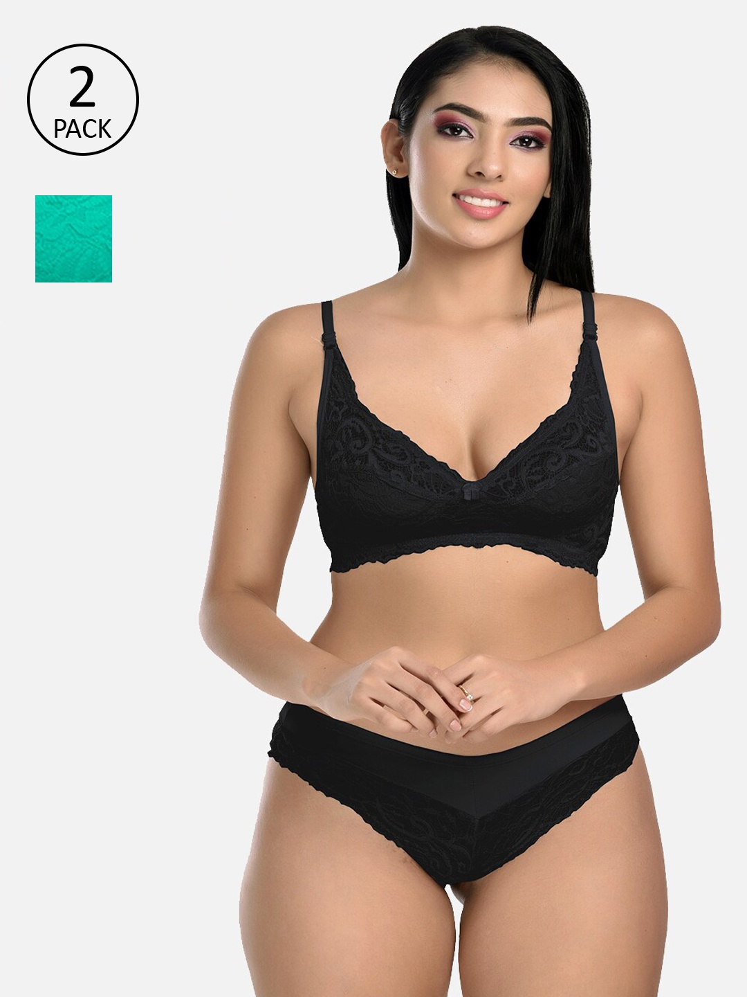 

StyFun Women Pack Of 2 Self-Design Lace Lingerie Set, Black