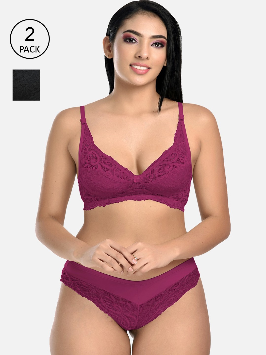 

StyFun Women Pack Of 2 Black & Purple Floral Lace Self-Design Lingerie Set