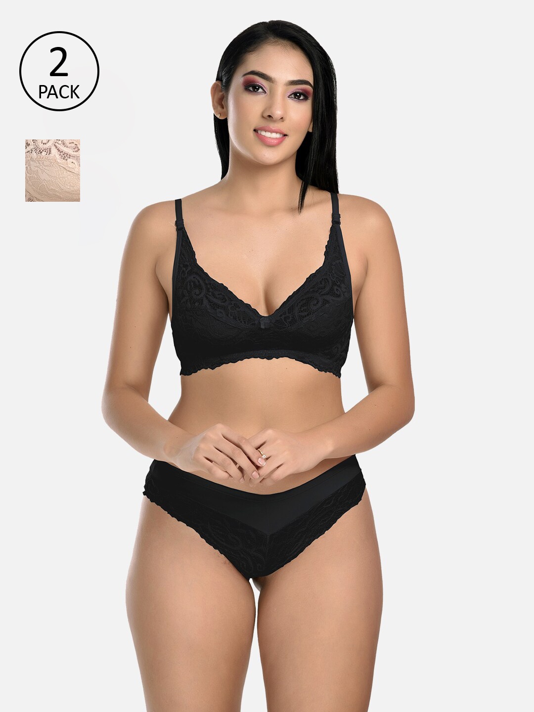 

StyFun Women Pack Of 2 Self Design Lace Lingerie Set, Black