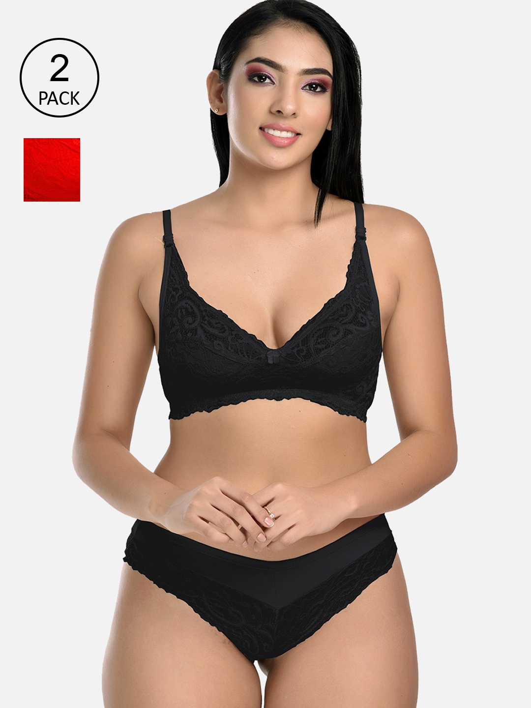 

StyFun Women Pack Of 2 Black & Red Floral Self-Design Lingerie Set