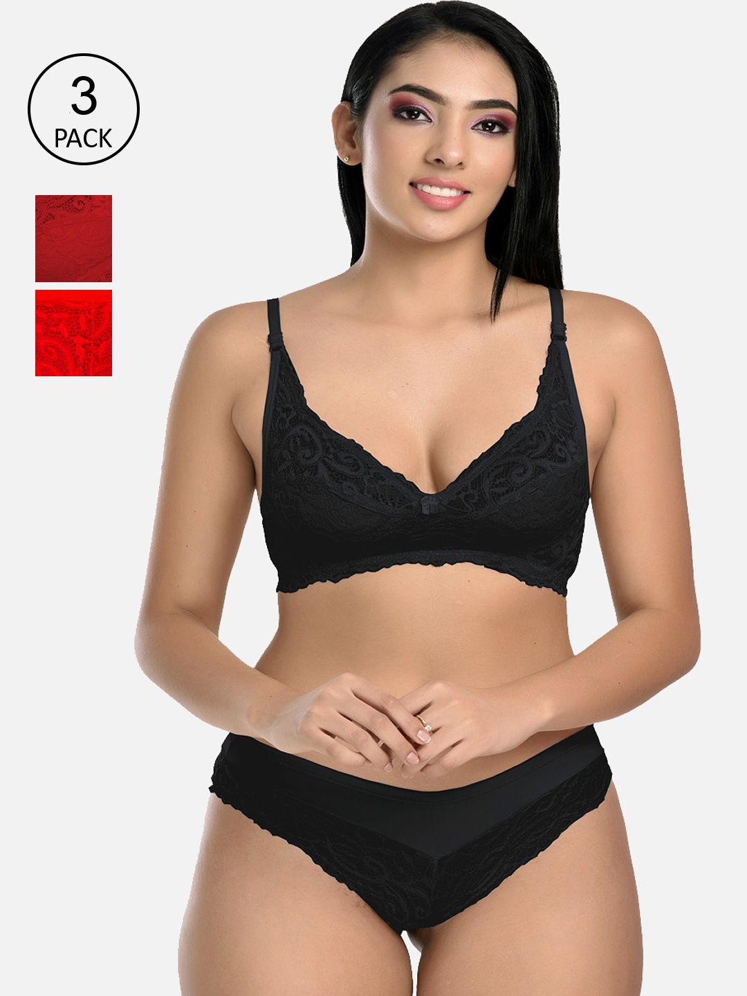 

StyFun Women Pack of 3 Floral Self Design Lingerie Set, Black