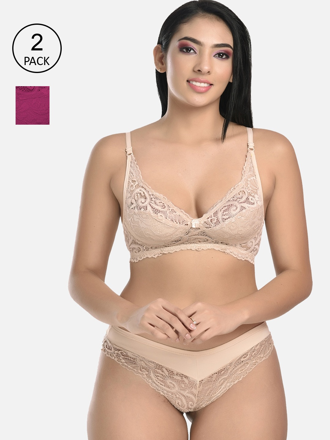 

StyFun Women Pack Of 2 Beige & Purple Solid Floral Lingerie Set