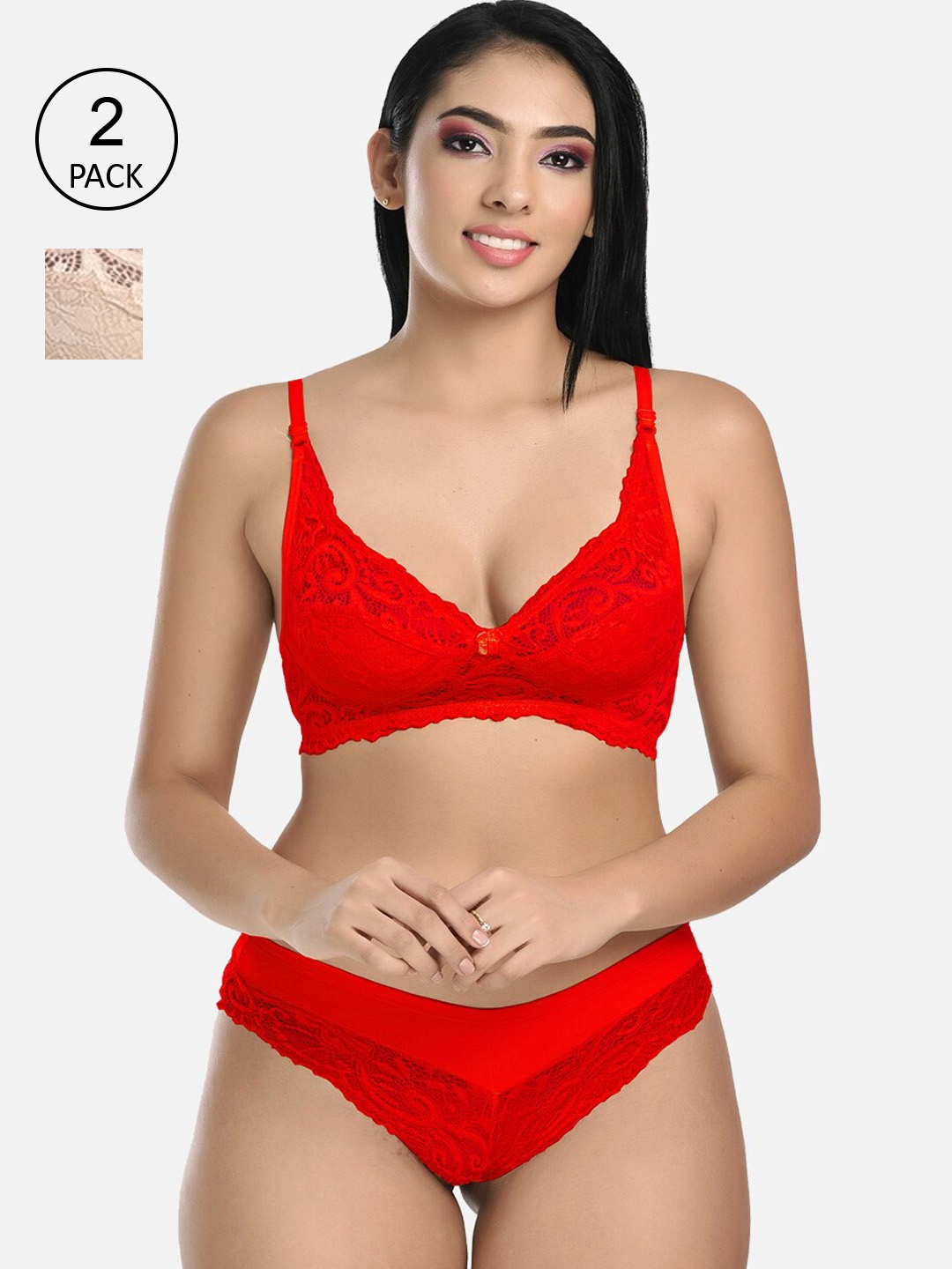 

StyFun Women Pack Of 2 Self Design Lace Lingerie Set, Beige