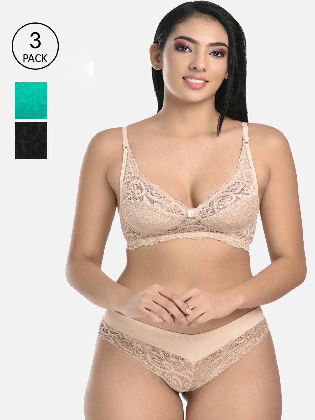 

StyFun Women Pack Of 3 Self-Design Lingerie Set, Black