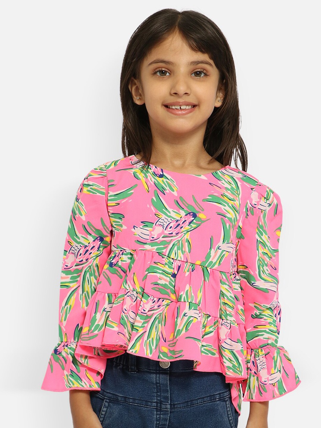 

Nauti Nati Girls Pink & Green Floral Print Georgette Top