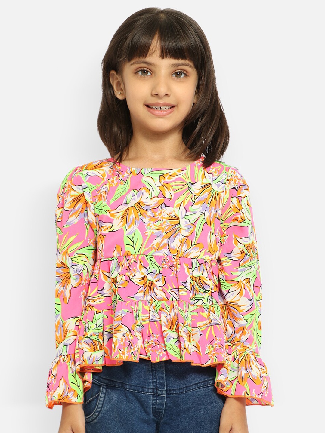 

Nauti Nati Girls Pink & Green Floral Print Ruffles Georgette Top