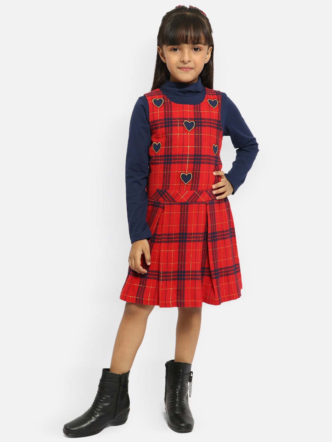 

Nauti Nati Red & Blue Checked Applique Pinafore Dress With Full Sleeve T-shirt
