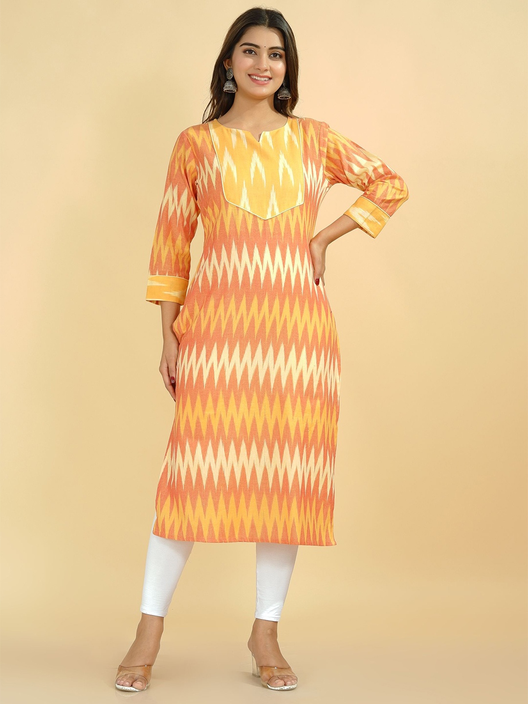 

Tetalee Women Orange Geometric Printed Ikat Straight Fit Cotton Kurta