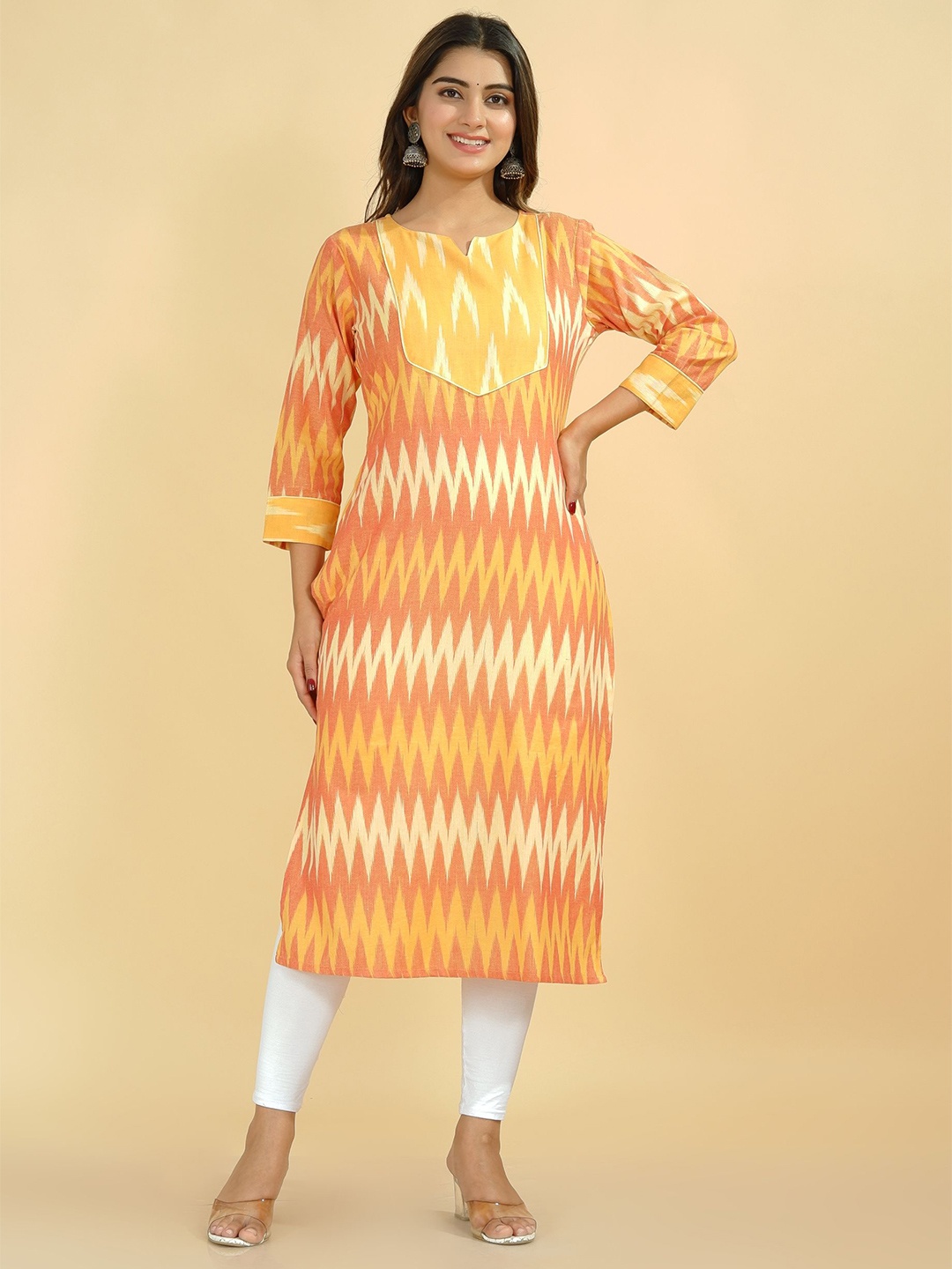 

Tetalee Women Orange Geometric Printed Ikat Straight Fit Cotton Kurta