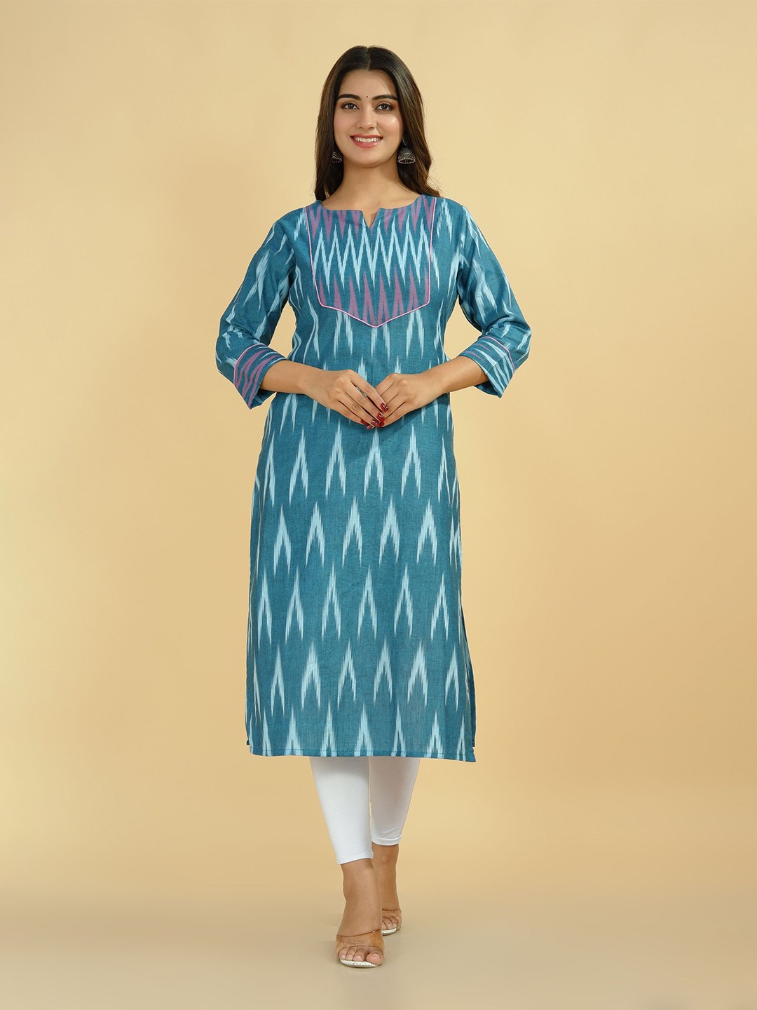 

Tetalee Women Blue Chevron Ikat Printed Straight Fit Cotton Kurta