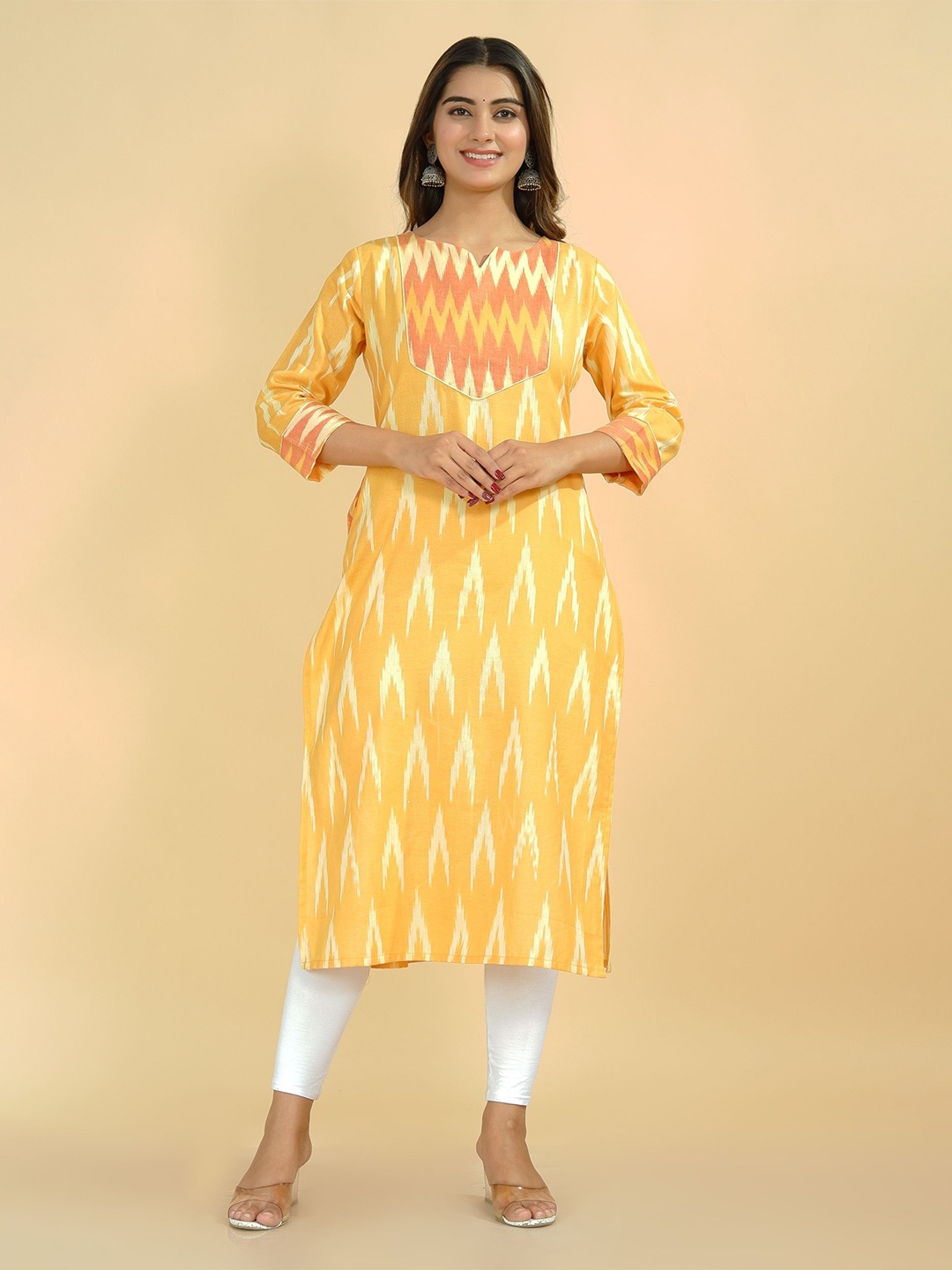 

Tetalee Women Yellow Chevron Ikat Printed Straight Fit Cotton Kurta
