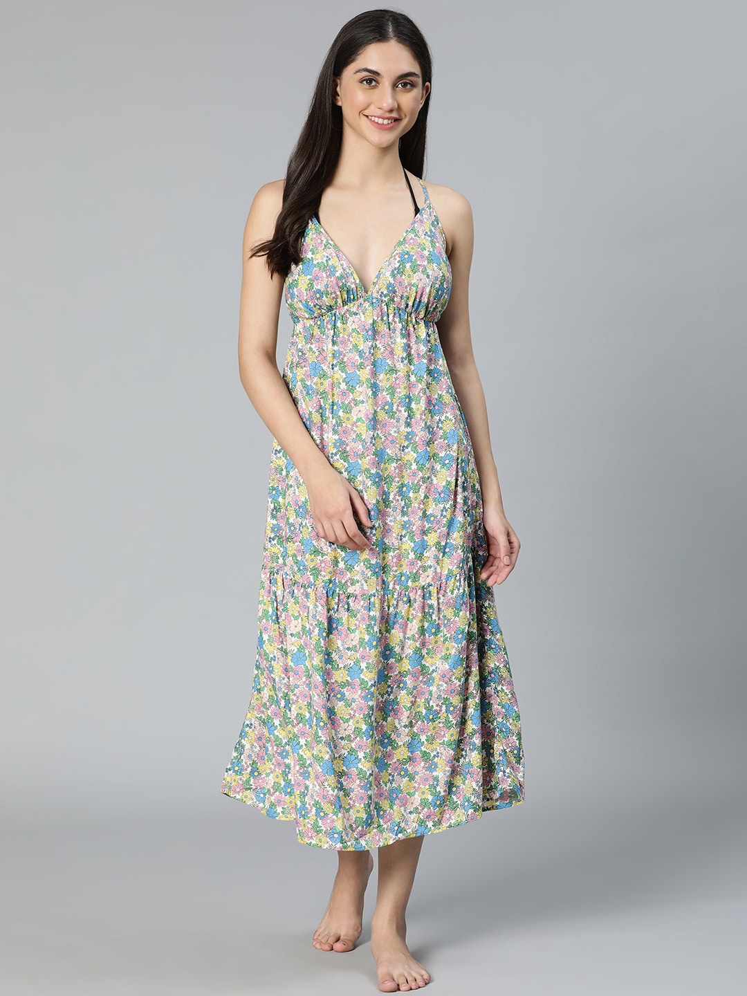 

Oxolloxo Women Floral Print Slit Cut Beachwear Dress, White