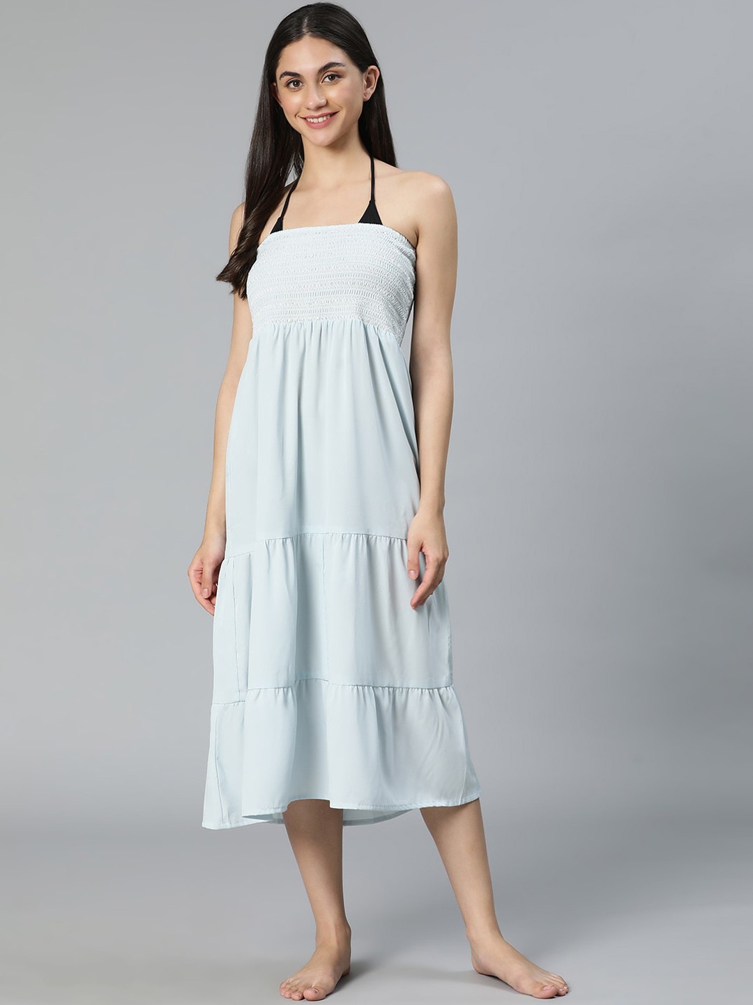 

Oxolloxo Women Smocked Beach Cover-Up Dress, Blue