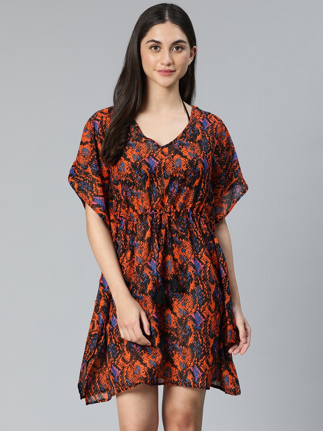 Oxolloxo Women Animal Printed Beachwear Kaftan Dress, Orange