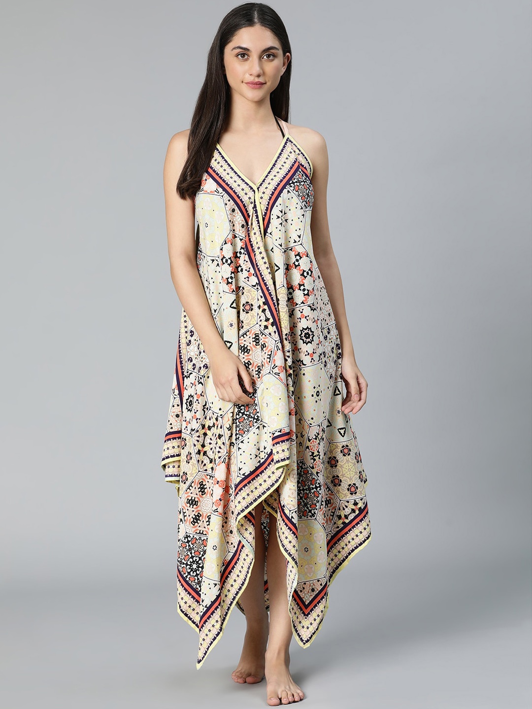 

Oxolloxo Women Cream & Peach Printed High-Low Cover-Up Dress