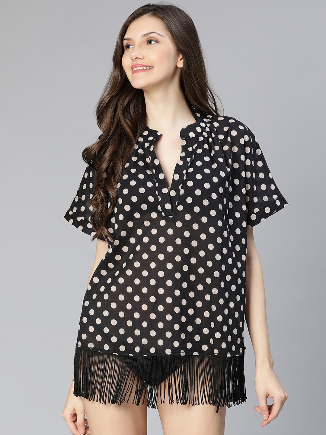 

Oxolloxo Women Polka Dots Printed Kaftan Cover-Up Top, Black