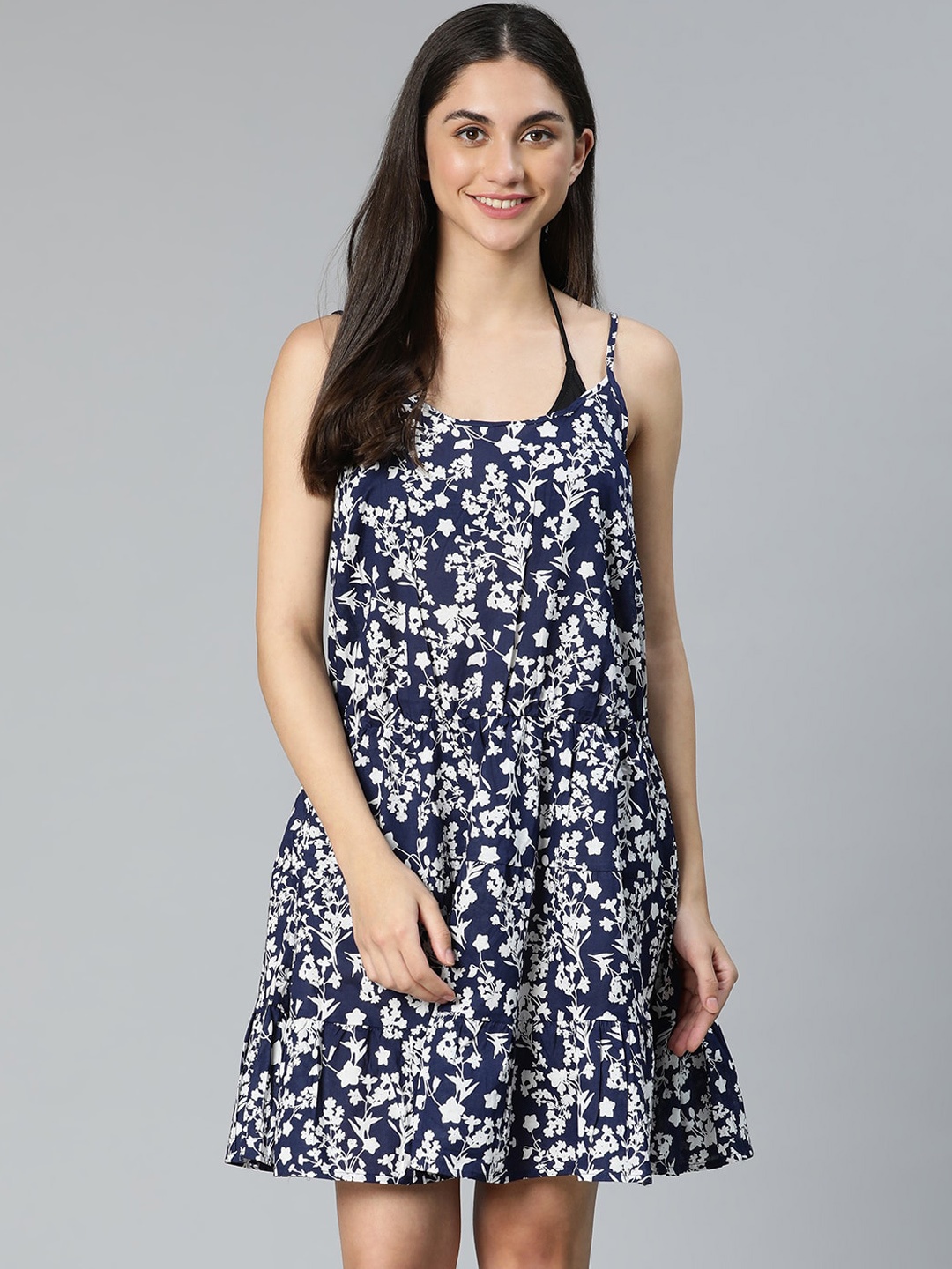

Oxolloxo Women Navy Blue Printed Cotton Cover-Up Dress