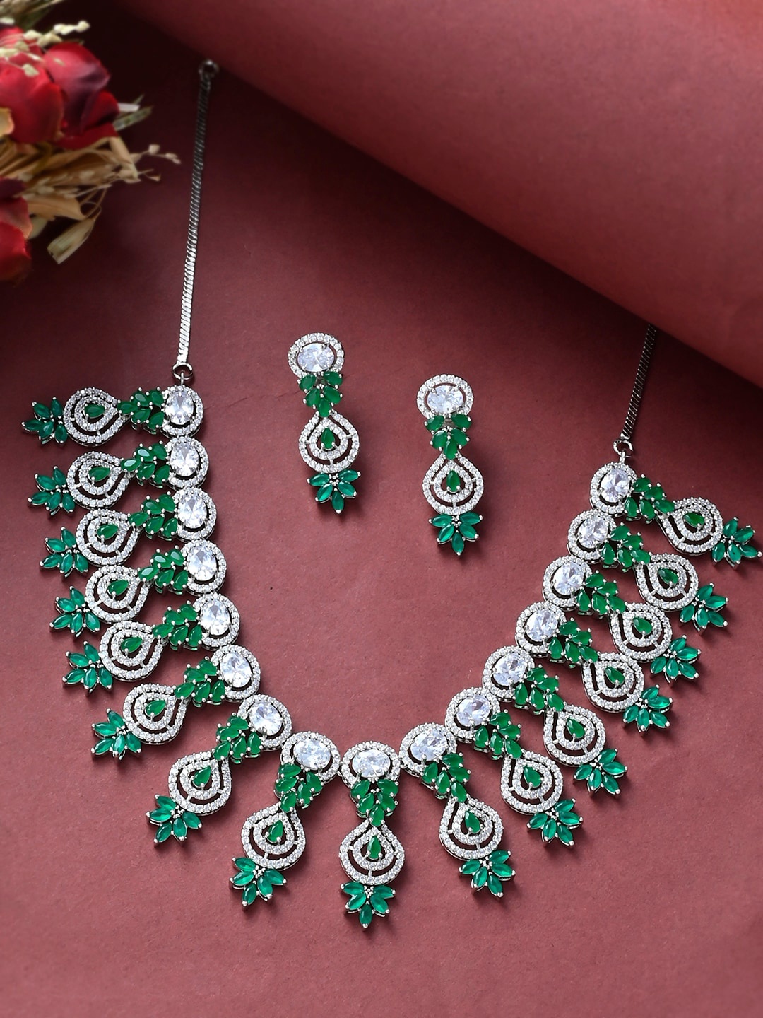

Voylla Silver-Plated White & Green Zircons-Studded & Beaded Jewellery Set