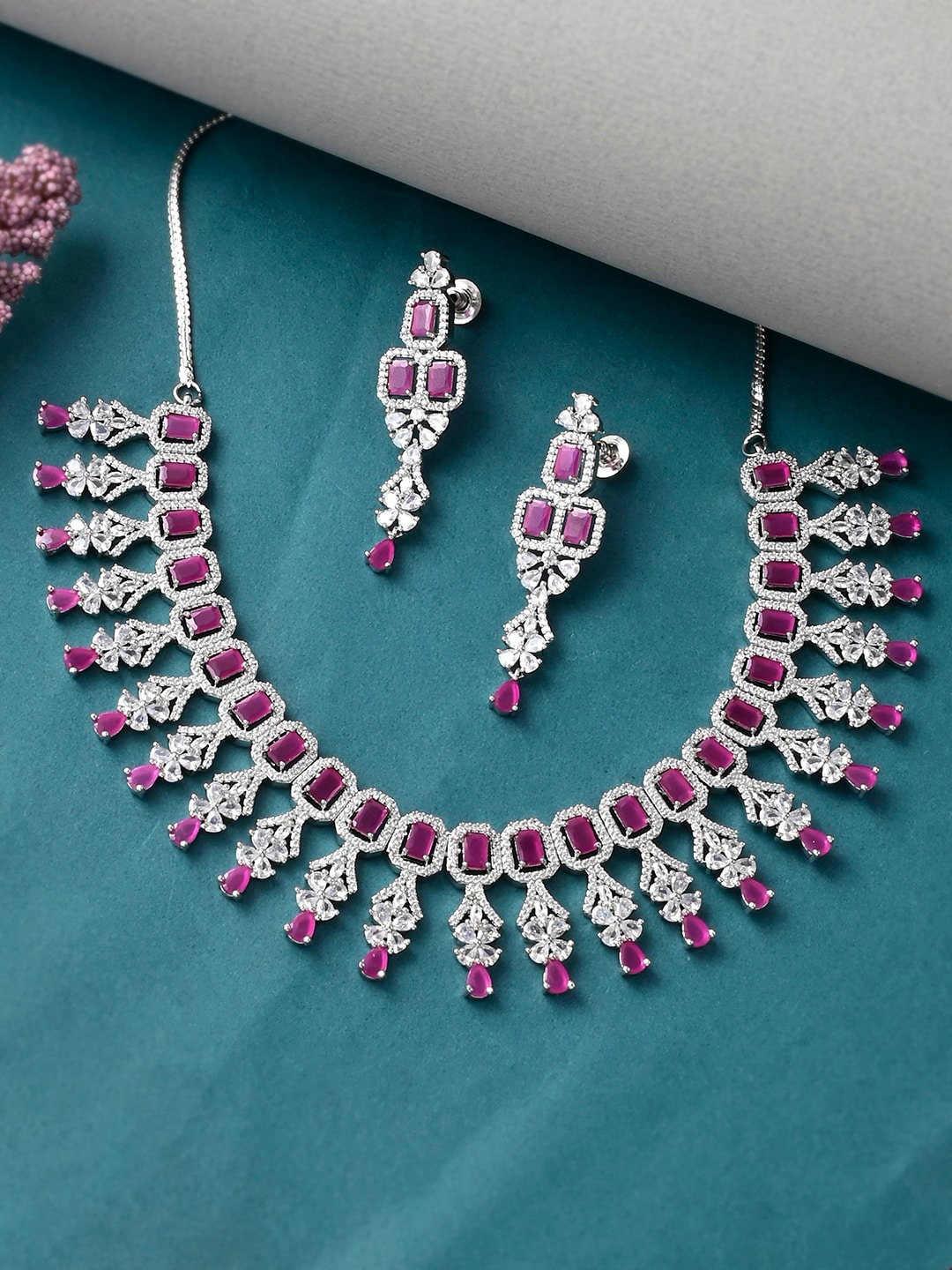 

Voylla Silver-Plated Pink & White CZ Stone-Studded Jewellery Set