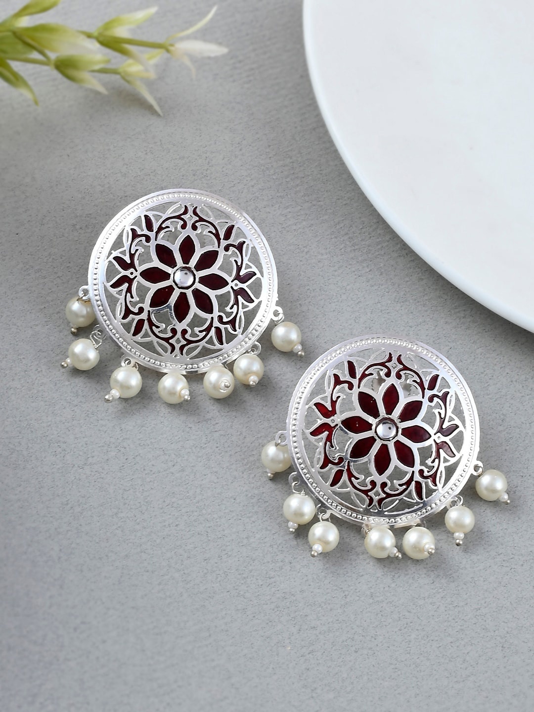 

Voylla Silver-Toned & White Circular Studs Earrings