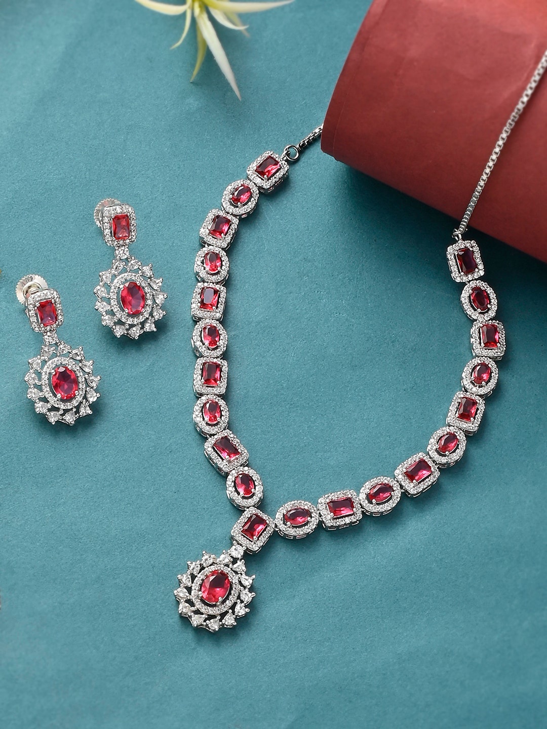 

Voylla Silver-Plated Pink & White CZ Stone-Studded Jewellery Set