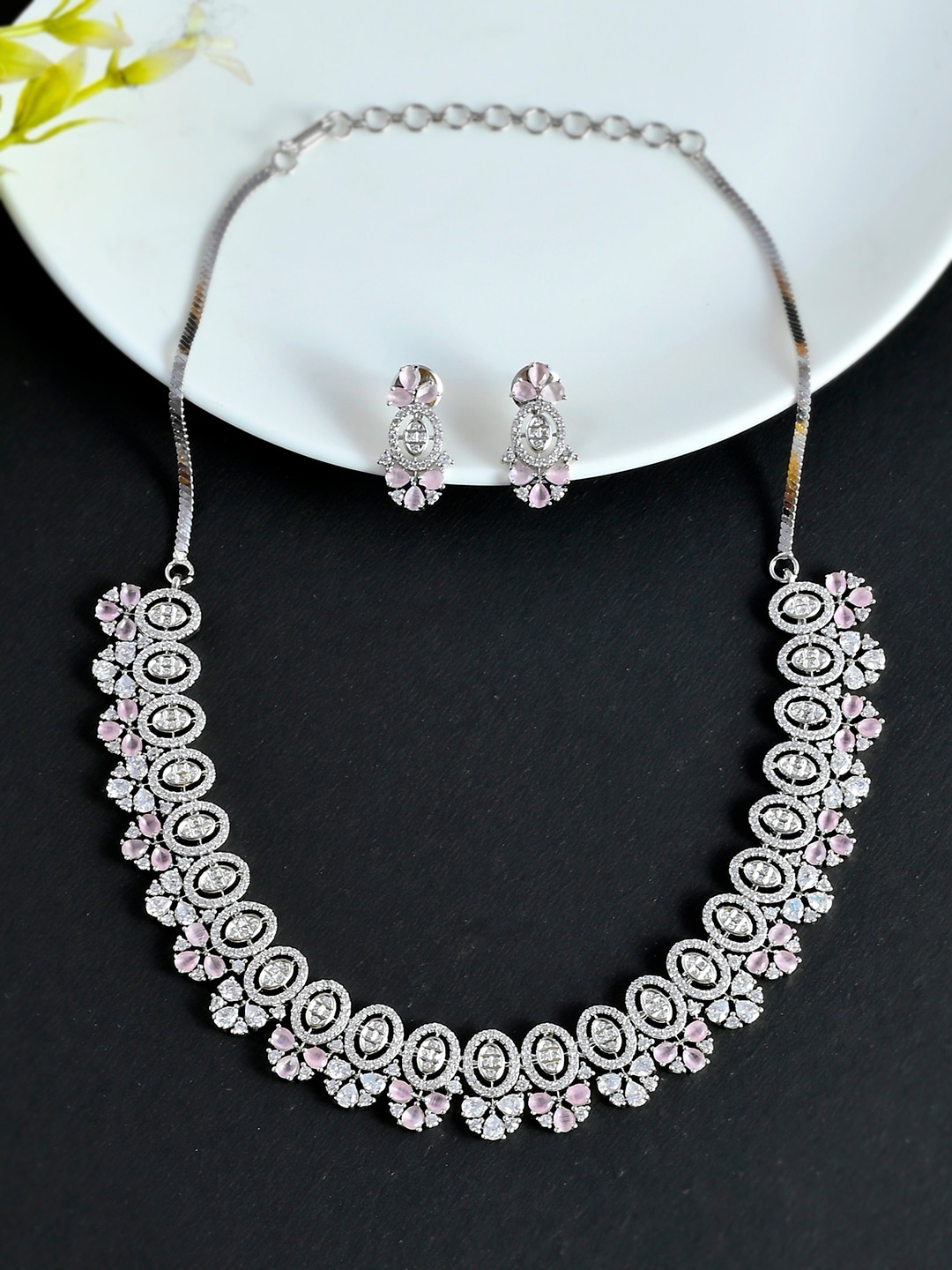 

Voylla Silver-Plated White & Pink CZ-Studded Jewellery Set