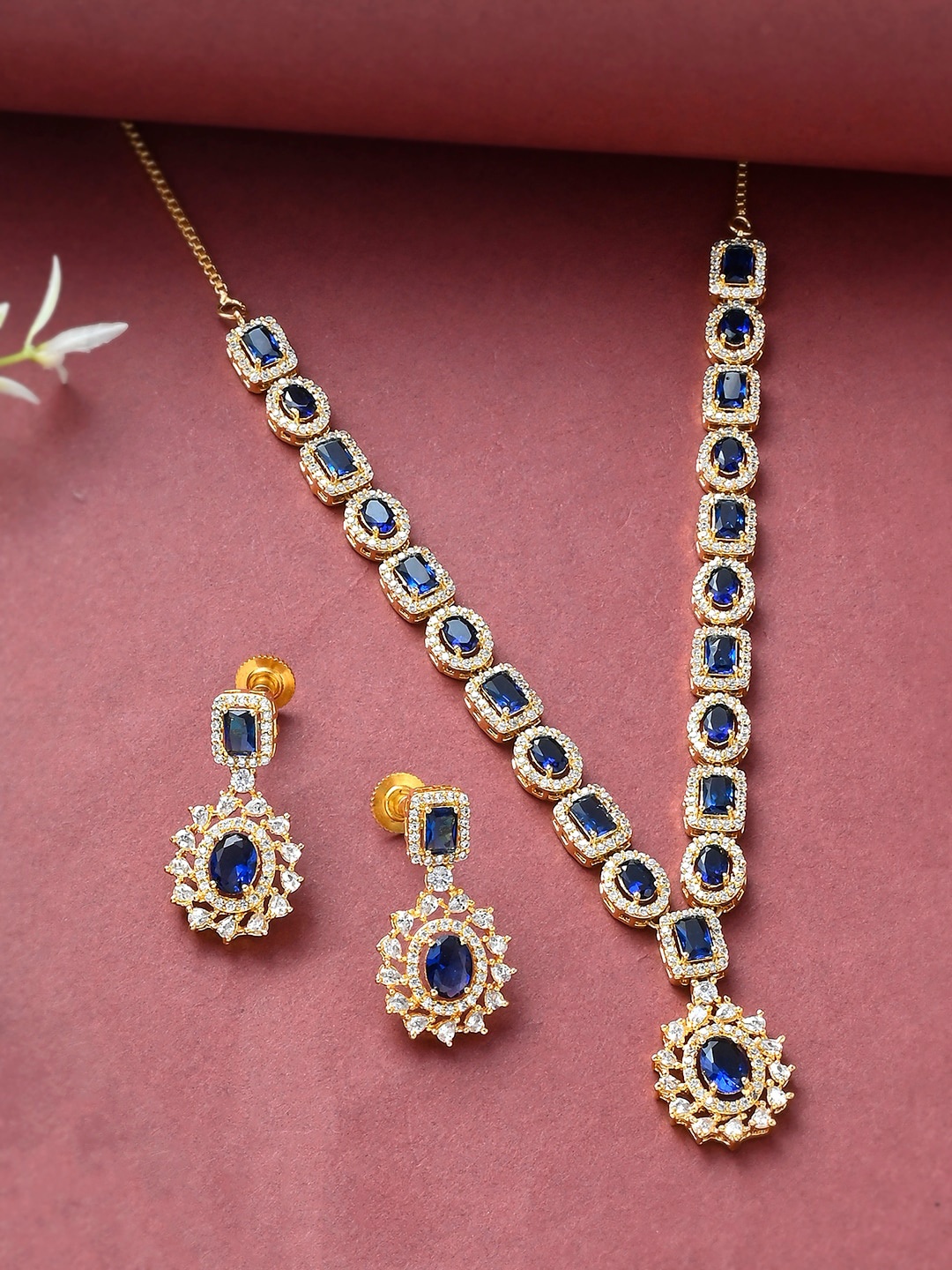 

Voylla Gold-Plated Blue & White Cubic Zirconia Studded Jewellery Set