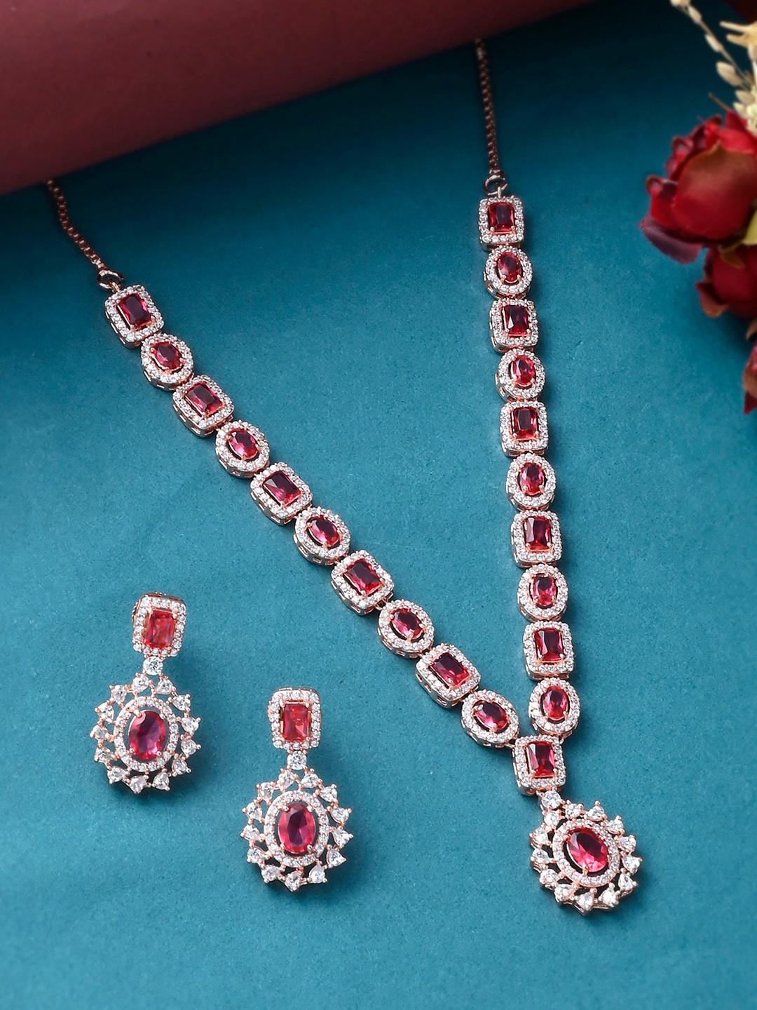 

VOYLLA Rose Gold-Plated Pink & White CZ Stone-Studded Jewellery Set