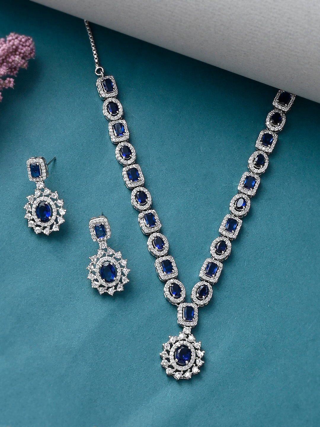 

Voylla Silver-Plated CZ Blue & White Studded Jewellery Set