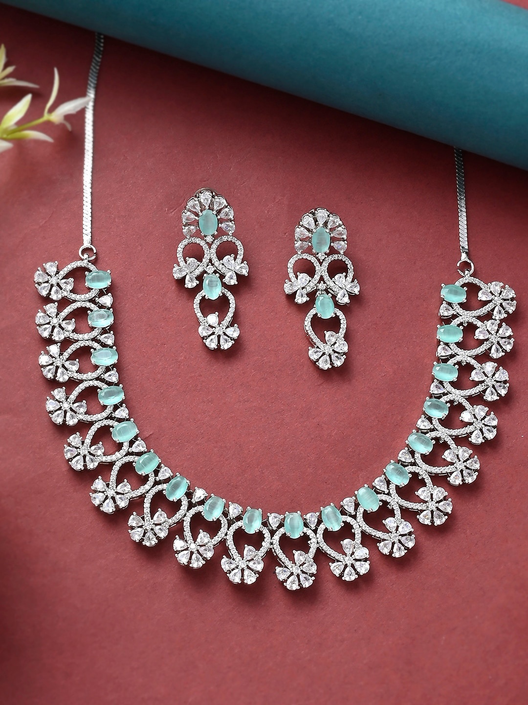 

Voylla Silver-Plated Green & White CZ-Studded Jewellery Set