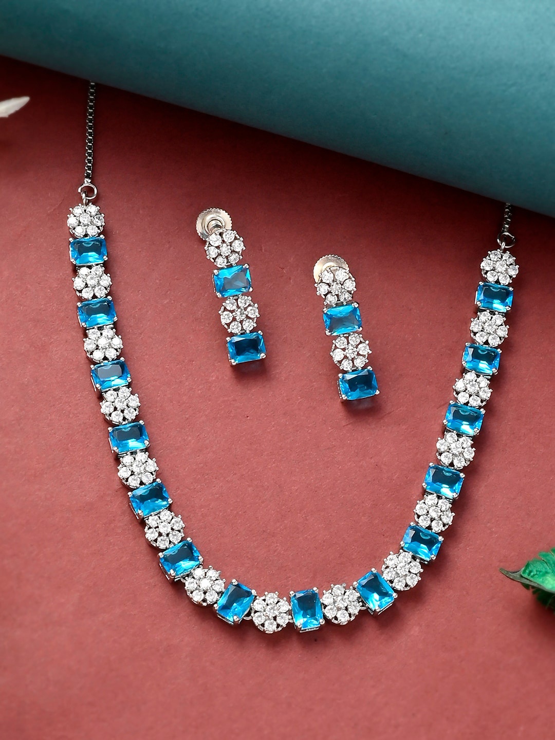

Voylla Silver-Plated Blue & White Cubic Zirconia-Studded Jewellery Set