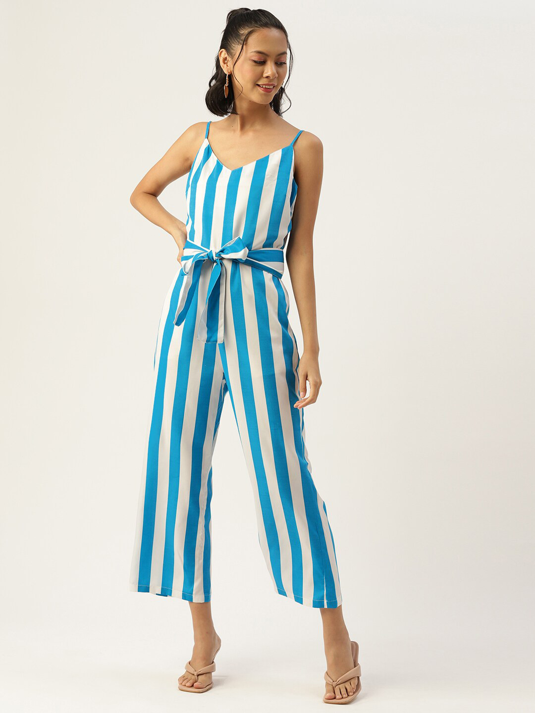 

SIRIKIT White & Blue Striped Basic Jumpsuit