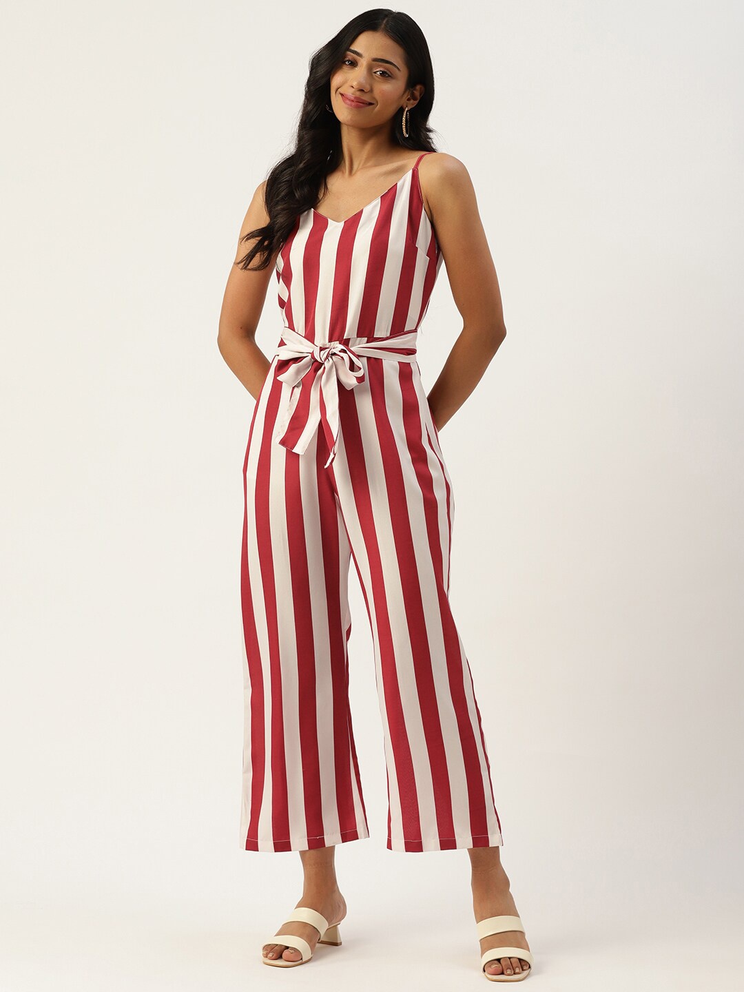 

SIRIKIT White & Maroon Striped Basic Jumpsuit