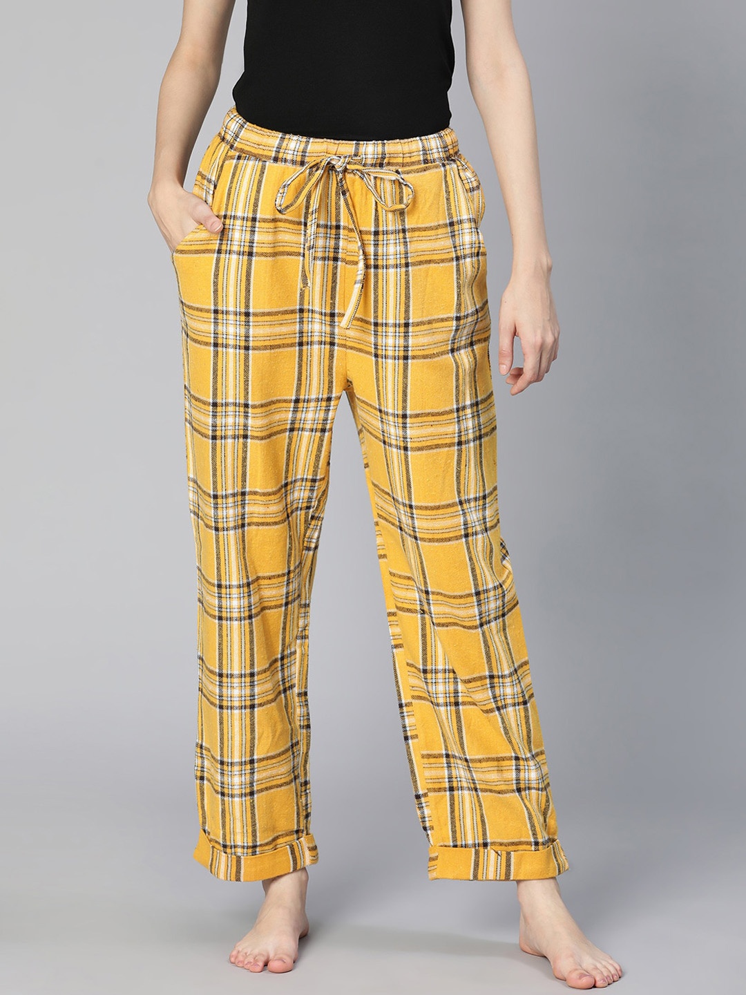 

Oxolloxo Women Checked Cotton Lounge Pants, Yellow