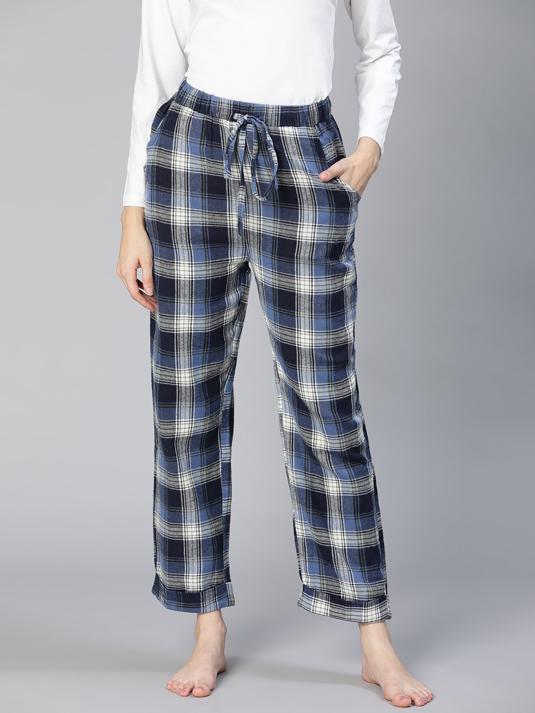

Oxolloxo Women Checked Cotton Lounge Pants, Blue