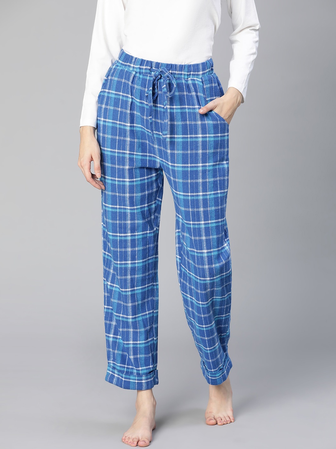 

Oxolloxo Women Checked Lounge Pants, Blue