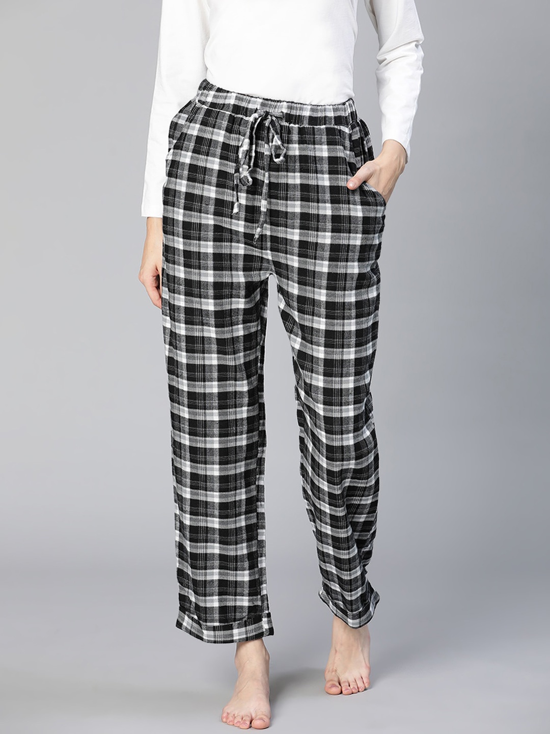 

Oxolloxo Women Checked Lounge Pant, Black