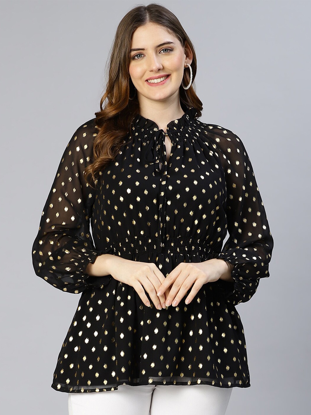 

Oxolloxo Women Black & Gold-Toned Printed smocked Tie-Up Neck Top